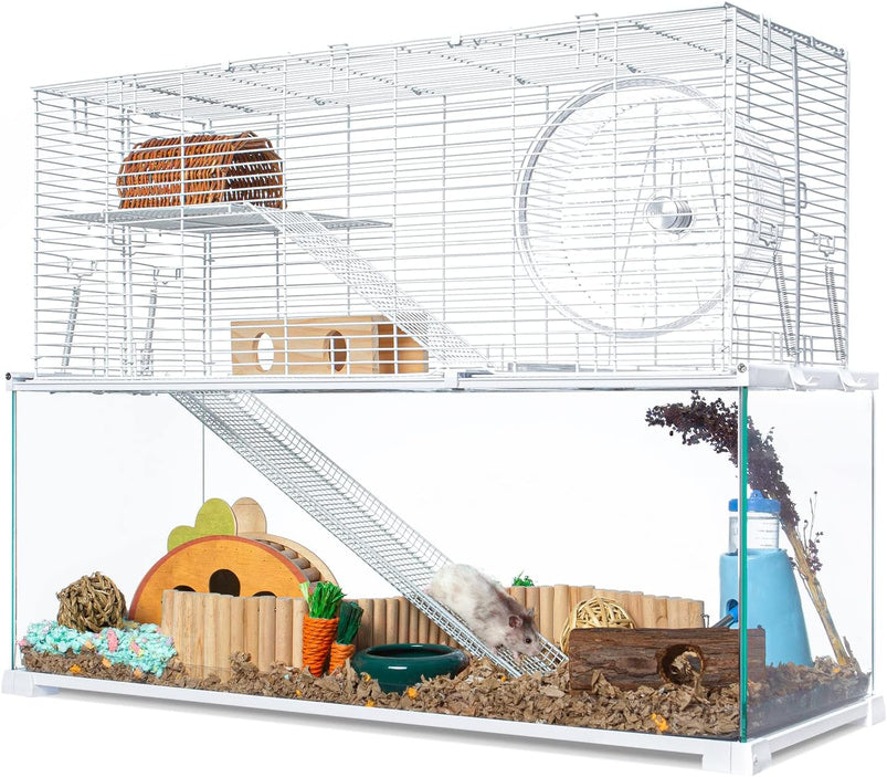 3 Tiers Large Hamster Cages, Glass Hamster Cage Habitat with Openable Wire Topper