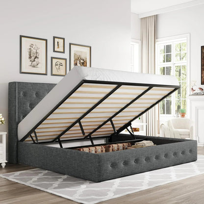 Allewie Queen Size Lift up Storage Bed, Modern Wingback Headboard, Hydraulic Support, Light Beige
