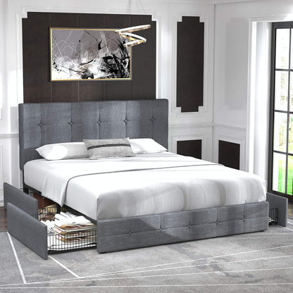 Allewie Upholstered Queen Size Platform Bed Frame with 4 Storage Drawers and Headboard, Square Stitched Button Tufted