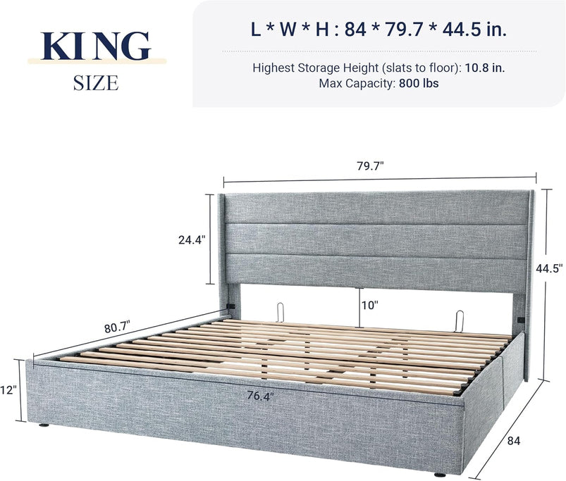 Allewie Queen Size Lift up Storage Bed, Modern Wingback Headboard, Hydraulic Support, Light Beige