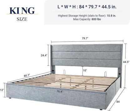 Allewie Queen Size Lift up Storage Bed, Modern Wingback Headboard, Hydraulic Support, Light Beige