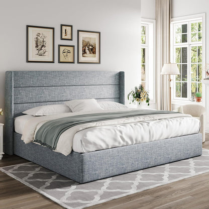 Allewie Queen Size Lift up Storage Bed, Modern Wingback Headboard, Hydraulic Support, Light Beige