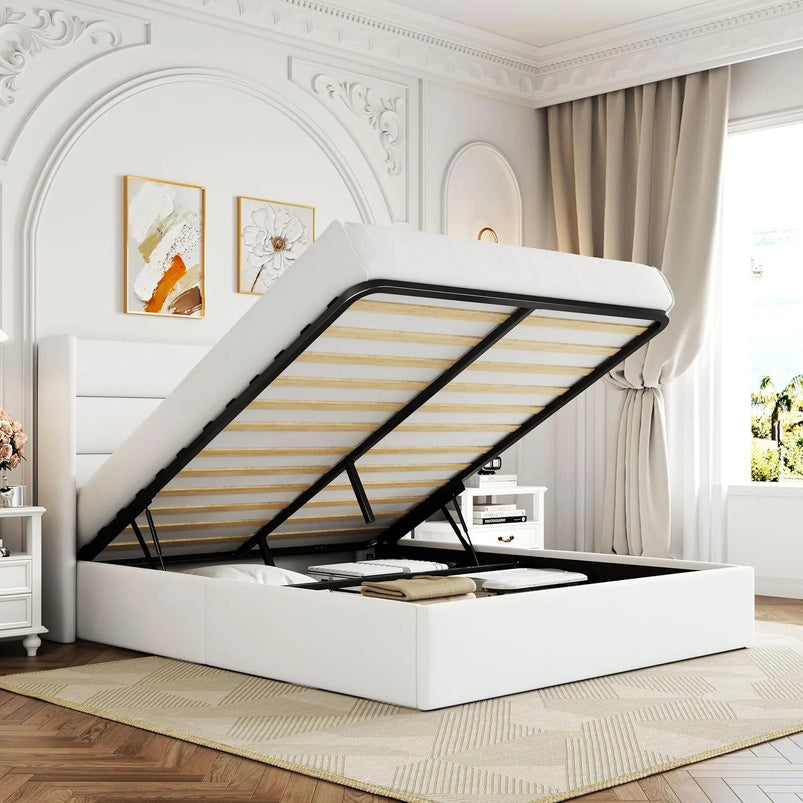 Allewie Queen Size Lift up Storage Bed, Modern Wingback Headboard, Hydraulic Support, Light Beige
