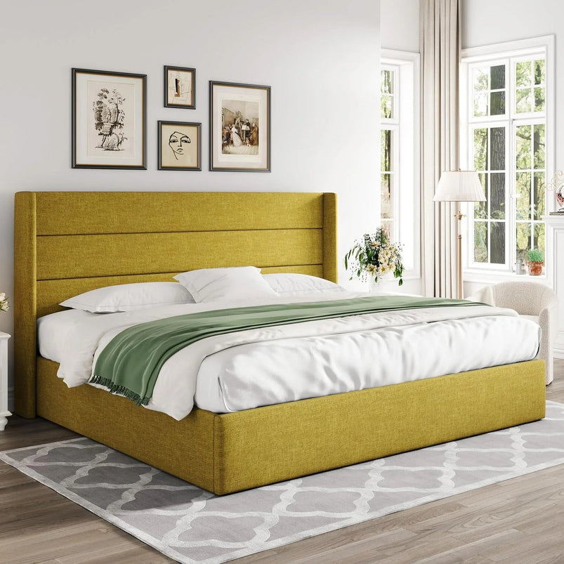 Allewie Queen Size Lift up Storage Bed, Modern Wingback Headboard, Hydraulic Support, Light Beige