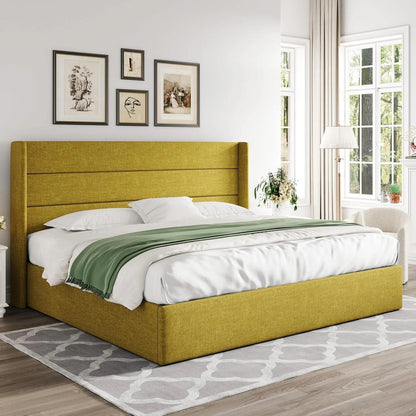 Allewie Queen Size Lift up Storage Bed, Modern Wingback Headboard, Hydraulic Support, Light Beige