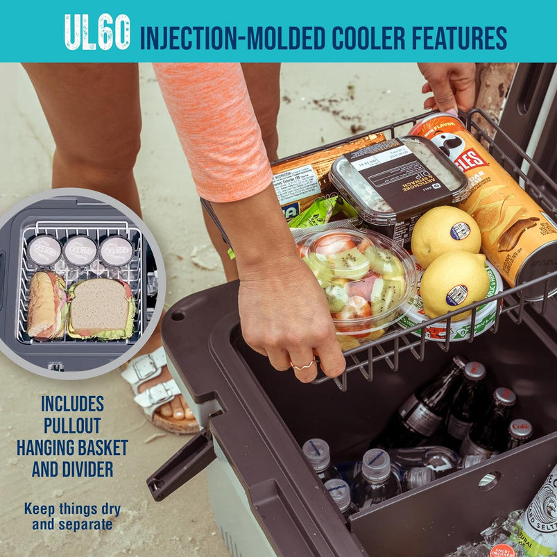60 QT Ultra-Light Injection Molded Cooler, Ice Chest Keeps Ice up to 7 Days, Large Cooler Includes Wire Basket, Divider and Built-in Bottle Opener