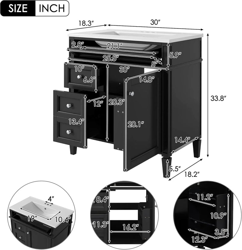 36" Bathroom Vanity with Single Sink Combo, Modern Undermount Bathroom Sink Cabinet with 2 Drawers and a Tip-Out Drawer