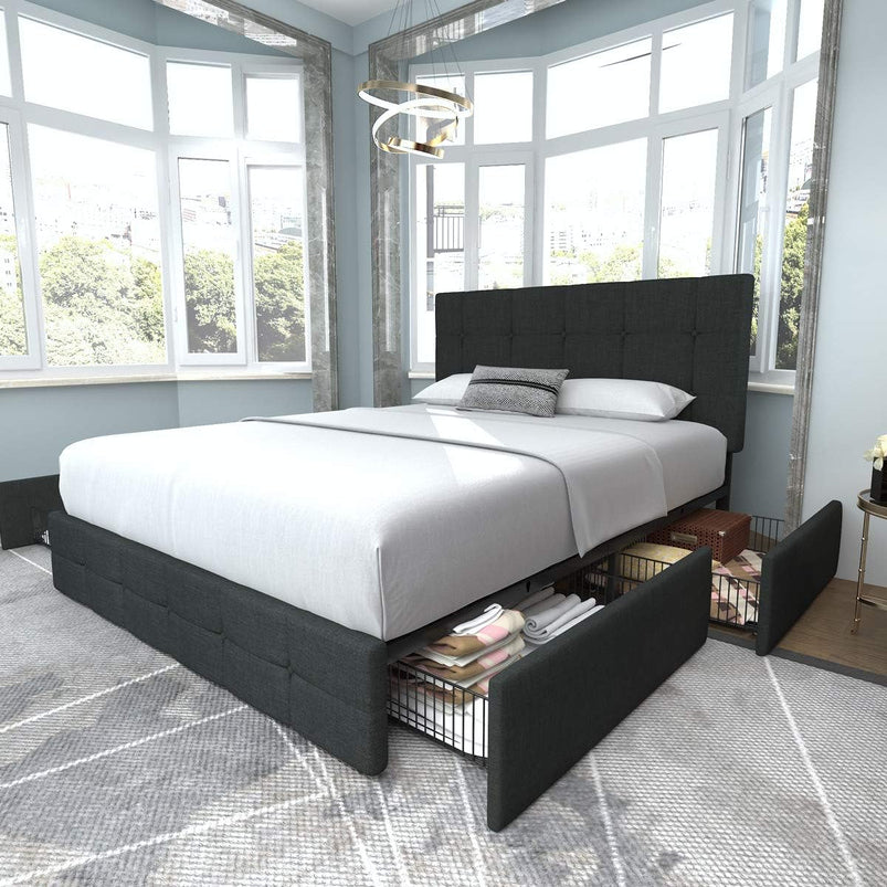 Allewie Upholstered Queen Size Platform Bed Frame with 4 Storage Drawers and Headboard, Square Stitched Button Tufted