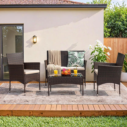 4 Pieces Patio Rattan Chair Wicker, Outdoor Indoor Use Backyard Porch Garden Poolside Balcony Furniture Sets Red
