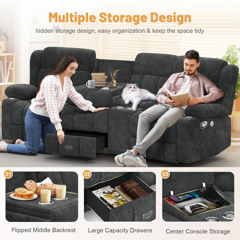 3 Seat Reclining Sofa with Storage Drawer USB Ports and Cup Holders Manual Couch