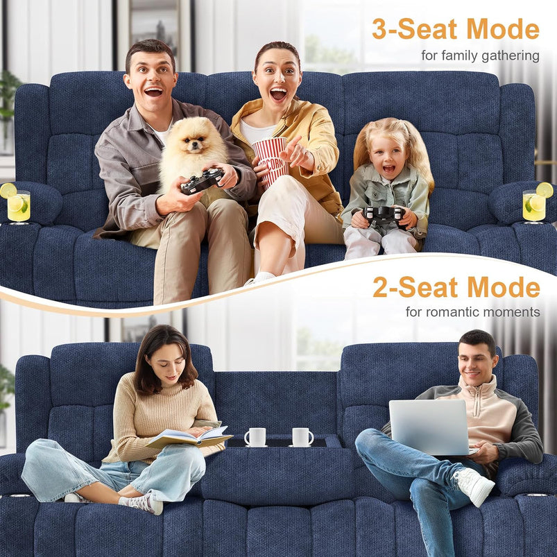 3 Seat Reclining Sofa with Storage Drawer USB Ports and Cup Holders Manual Couch