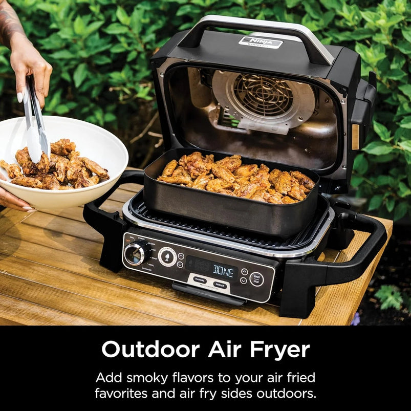 7-in-1 Grill and Smoker with Thermometer, Air Fryer, BBQ, Bake, Roast, Broil, Portable Electric Outdoor Grill, Grey
