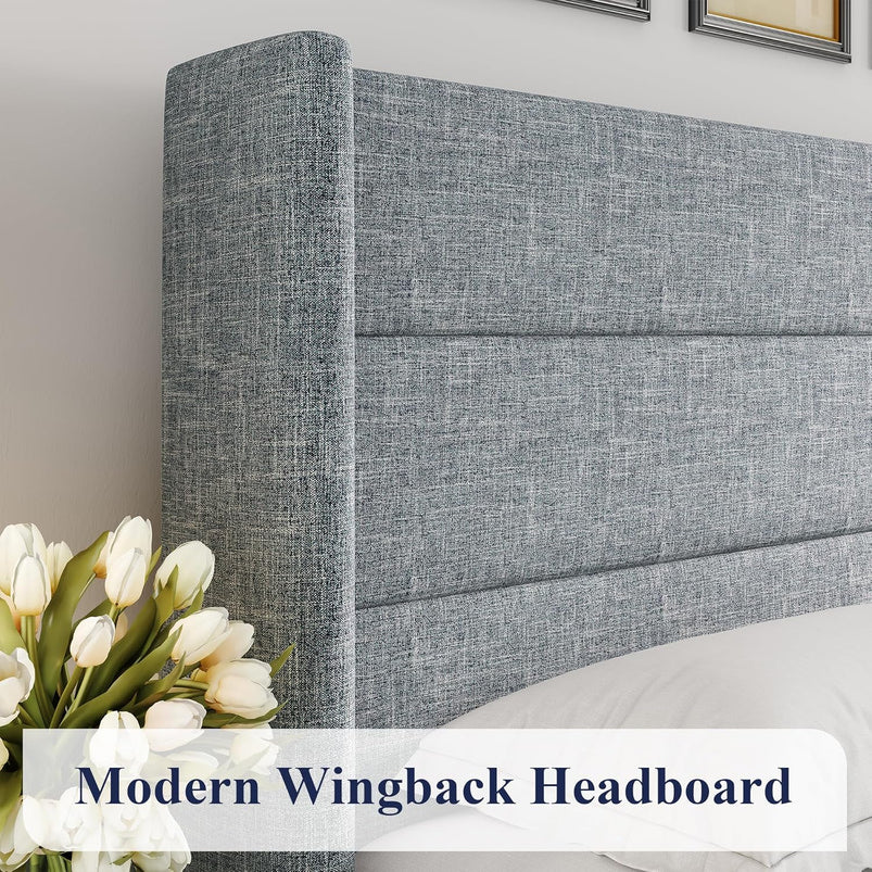 Allewie Queen Size Lift up Storage Bed, Modern Wingback Headboard, Hydraulic Support, Light Beige
