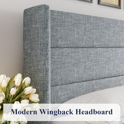 Allewie Queen Size Lift up Storage Bed, Modern Wingback Headboard, Hydraulic Support, Light Beige