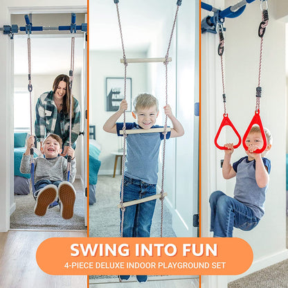 6 Piece Indoor Doorway Gym Set for Kids, Indoor Swing for Kids Includes Kids Swing Chair, Rings, Hanging Trapeze, Ladder, Swinging Rope and Pullup Bar