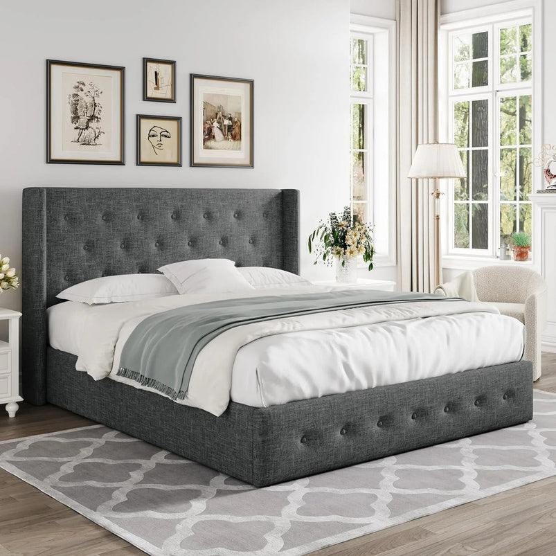 Allewie Queen Size Lift up Storage Bed, Modern Wingback Headboard, Hydraulic Support, Light Beige