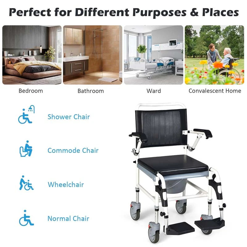 4 in 1 Bedside Commode Chair Shower Wheelchair with Detachable Bucket Padded Mobile Toilet Chair, Comfortable and Ergonomic Design