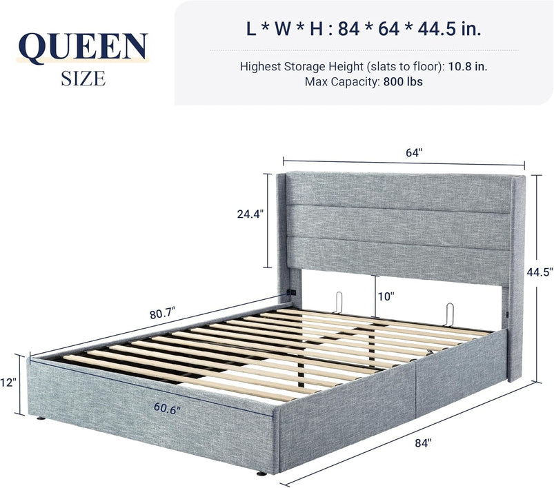 Allewie Queen Size Lift up Storage Bed, Modern Wingback Headboard, Hydraulic Support, Light Beige