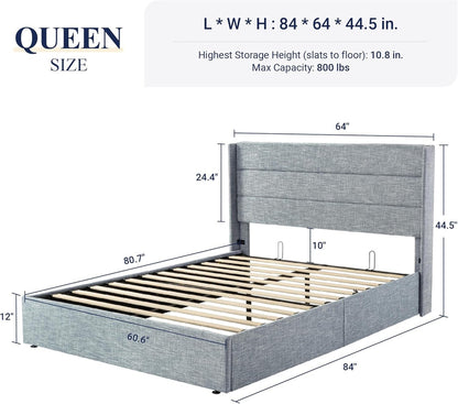Allewie Queen Size Lift up Storage Bed, Modern Wingback Headboard, Hydraulic Support, Light Beige