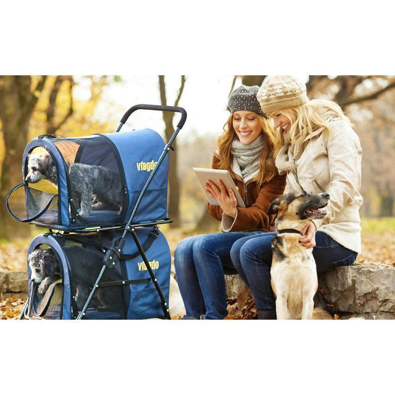 42 Double Pet Stroller for 2 Dogs and Cats, 4 Wheels Dog Strollers Folding Travel Cat Stroller with Suspension System, Navy Blue