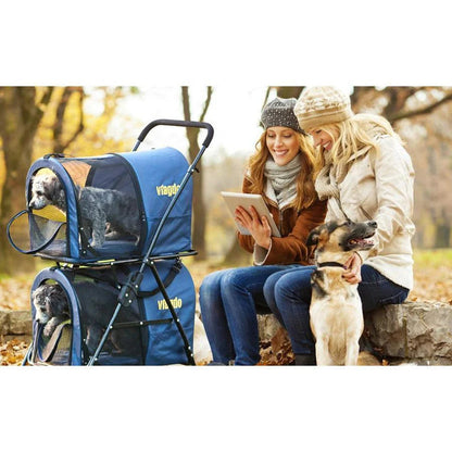 42 Double Pet Stroller for 2 Dogs and Cats, 4 Wheels Dog Strollers Folding Travel Cat Stroller with Suspension System, Navy Blue
