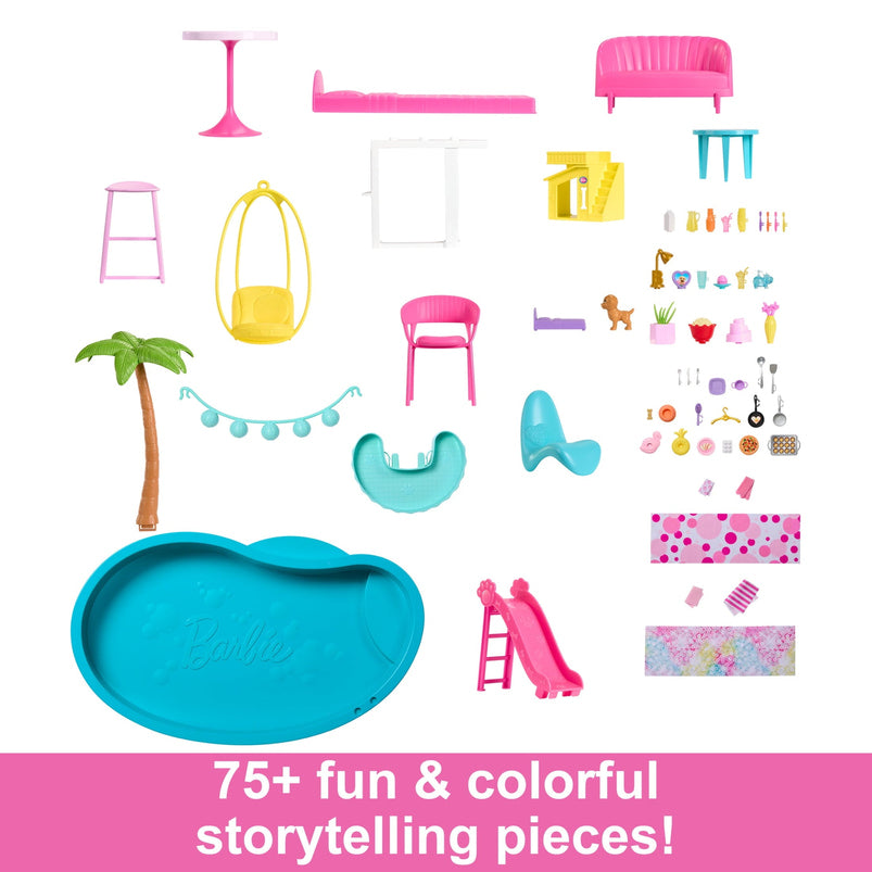 Barbie Dreamhouse Pool Party Playset with 3-Story Slide, 75 Plus Pieces, and Pet-Friendly Features