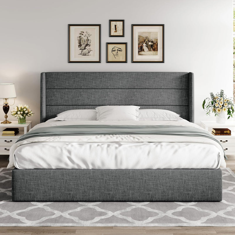Allewie Queen Size Lift up Storage Bed, Modern Wingback Headboard, Hydraulic Support, Light Beige