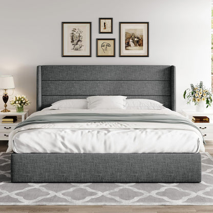 Allewie Queen Size Lift up Storage Bed, Modern Wingback Headboard, Hydraulic Support, Light Beige