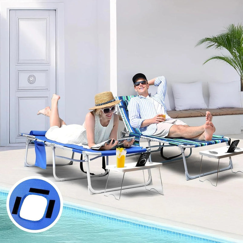 3-in-1 Outdoor Sun Tanning Lounge Chair with Face Hole 5-Position Recliner, Folding Side Table and Removable Pillow, 330lbs Capacity, Blue