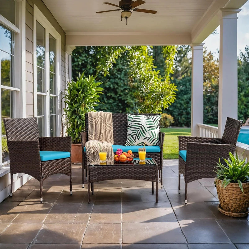 4 Pieces Patio Rattan Chair Wicker, Outdoor Indoor Use Backyard Porch Garden Poolside Balcony Furniture Sets Red