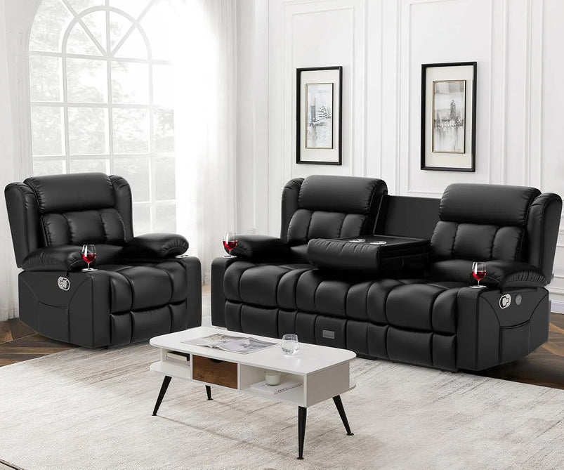 3 Seat Reclining Sofa with Storage Drawer USB Ports and Cup Holders Manual Couch
