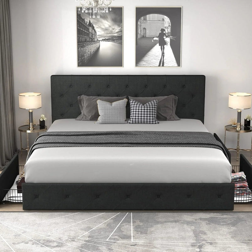 Allewie Upholstered Queen Size Platform Bed Frame with 4 Storage Drawers and Headboard, Square Stitched Button Tufted