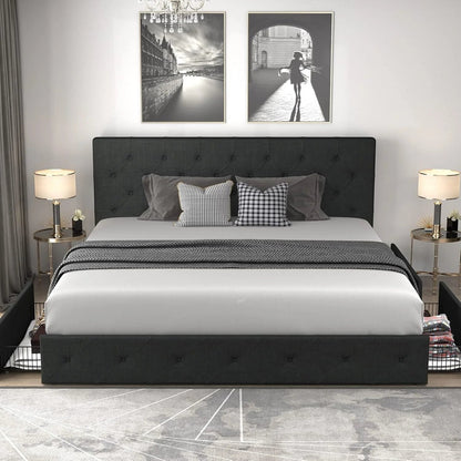 Allewie Upholstered Queen Size Platform Bed Frame with 4 Storage Drawers and Headboard, Square Stitched Button Tufted