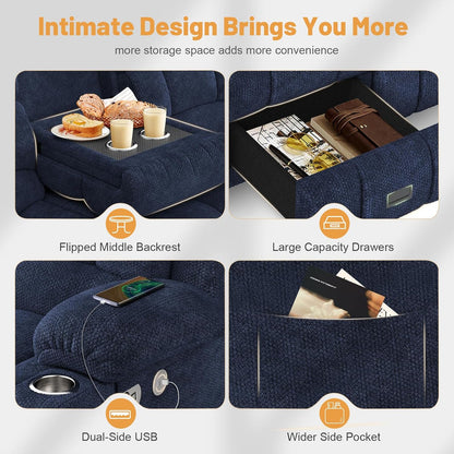 3 Seat Reclining Sofa with Storage Drawer USB Ports and Cup Holders Manual Couch