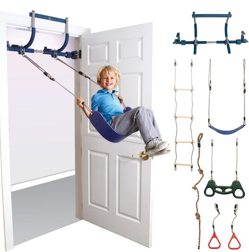 6 Piece Indoor Doorway Gym Set for Kids, Indoor Swing for Kids Includes Kids Swing Chair, Rings, Hanging Trapeze, Ladder, Swinging Rope and Pullup Bar