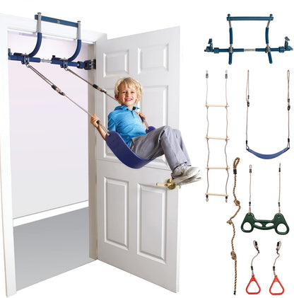 6 Piece Indoor Doorway Gym Set for Kids, Indoor Swing for Kids Includes Kids Swing Chair, Rings, Hanging Trapeze, Ladder, Swinging Rope and Pullup Bar