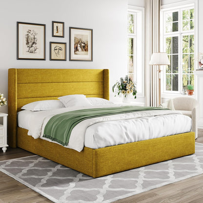Allewie Queen Size Lift up Storage Bed, Modern Wingback Headboard, Hydraulic Support, Light Beige