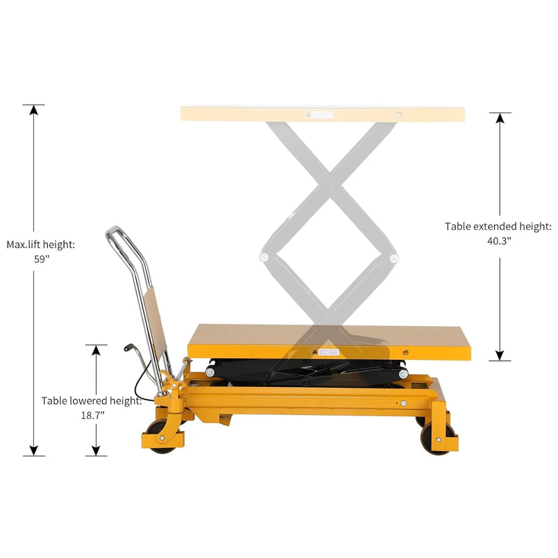 Apollolift Hydraulic Lift Table Cart, 770 Lbs Capacity, 51" MAX Height, Double Scissor Lift with Safety Guard and 4 Wheels