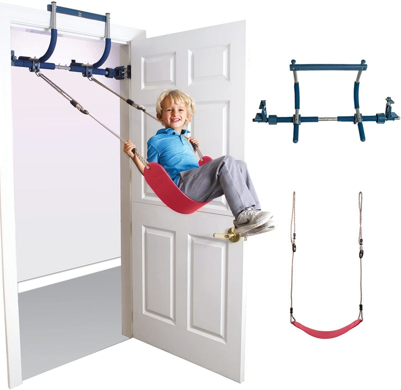 6 Piece Indoor Doorway Gym Set for Kids, Indoor Swing for Kids Includes Kids Swing Chair, Rings, Hanging Trapeze, Ladder, Swinging Rope and Pullup Bar