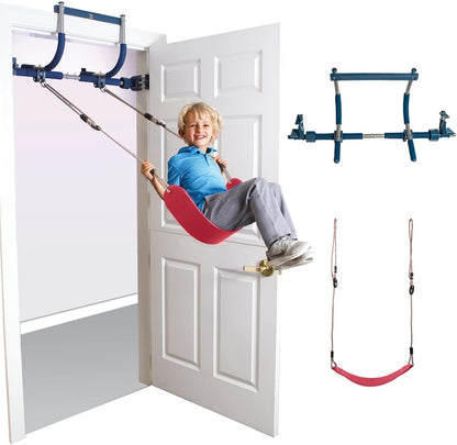 6 Piece Indoor Doorway Gym Set for Kids, Indoor Swing for Kids Includes Kids Swing Chair, Rings, Hanging Trapeze, Ladder, Swinging Rope and Pullup Bar