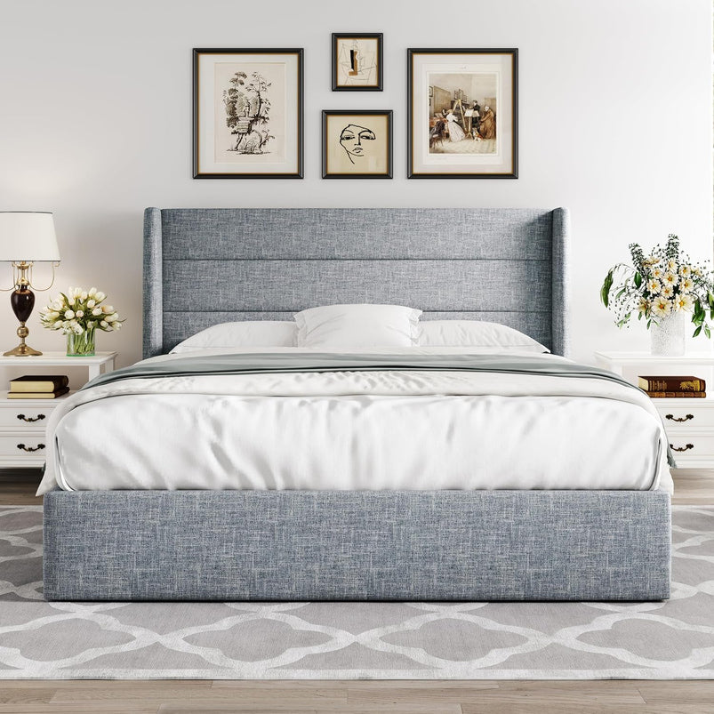 Allewie Queen Size Lift up Storage Bed, Modern Wingback Headboard, Hydraulic Support, Light Beige